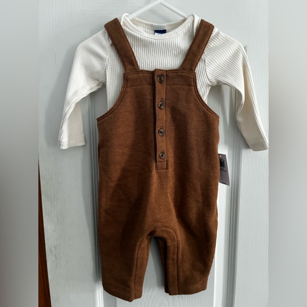 Old Navy Khaki Brown Overalls with Off White One Piece Shirt- size 3-6 mo.